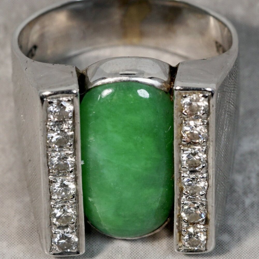GIA VINTAGE CHINESE JADEITE JADE 14KT WHITE GOLD DIAMOND RING DESIGNER K.F.  13g